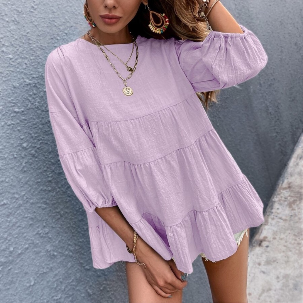 Boho Layered Ruffle 3/4 sleeve Oversized Top Lilac - Picture 4 of 12